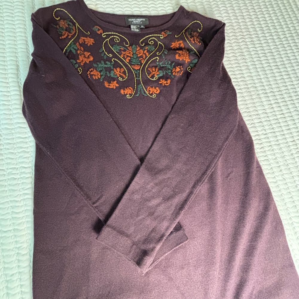 Saint Tropez West Embroidered Sweater Dress XL Purple Boho Cottagecore Winter - Picture 5 of 7